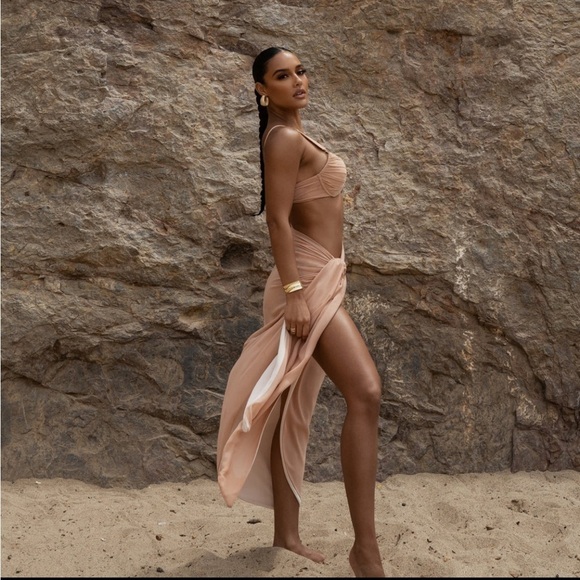 NEW JLUXLABEL Tan Uncharted Waters Mesh Sarong Maxi Hem Skirt - Picture 7 of 11